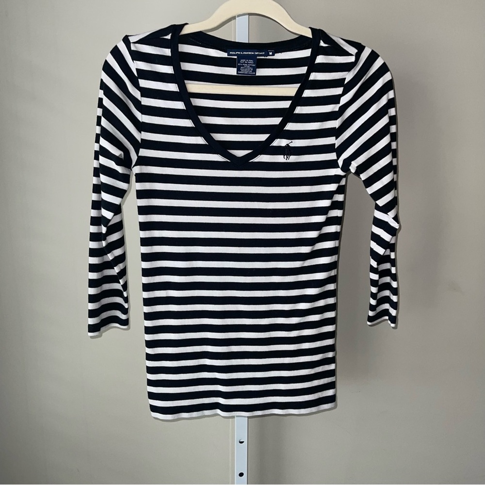 Ralph Lauren Sport Women’s Black & White Striped V-Neck Top Size M 3/4 Sleeve